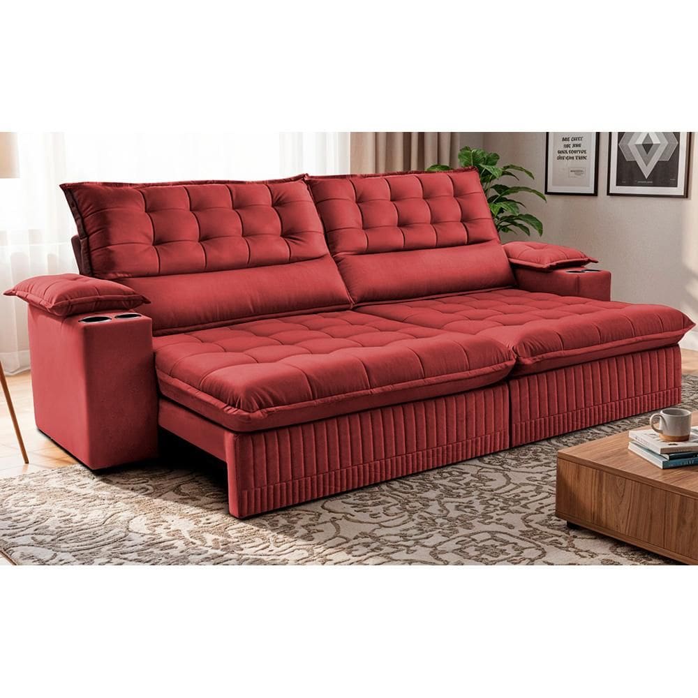 Sofá Retrátil e Reclinável 2,40m Molas Ensacadas Dream. Velusoft Cama inBox
