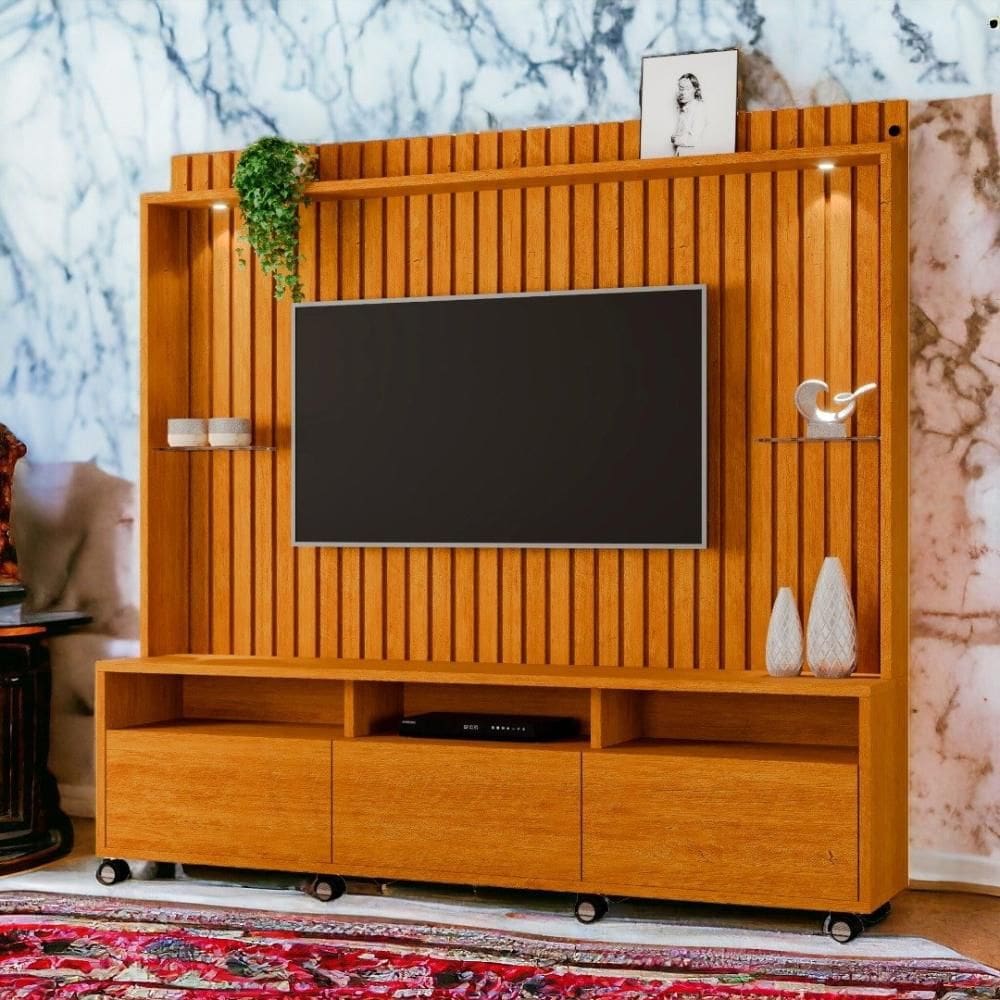 Estante Home  TVs 60” 4 Portas Absoluto Naturalle Ripado Carmolar