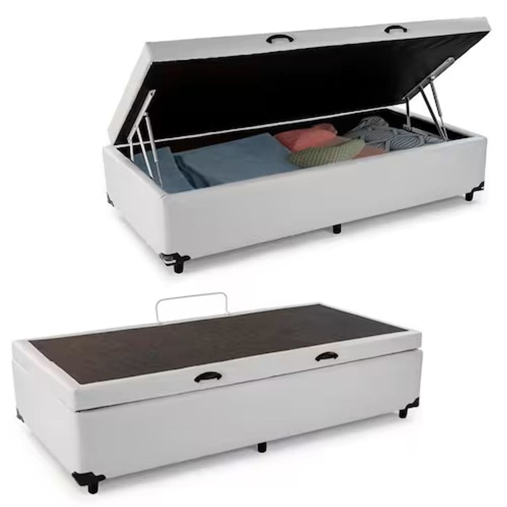 Base Cama Box Bau Solteiro Branco Sintetico Premium 47x88x188 - Santo Box FR