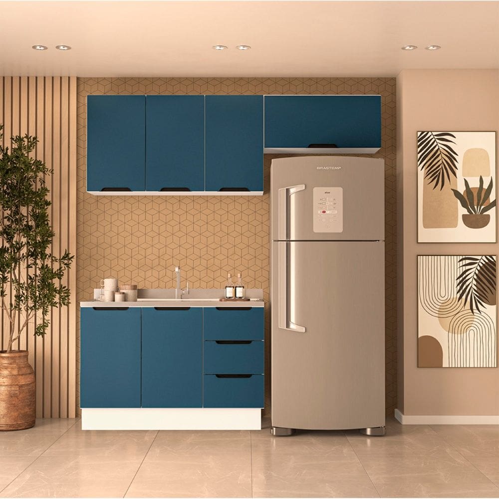 Cozinha Compacta 250057 3 Peças Meena Com Rodapé Branco Azul Politorno Móveis