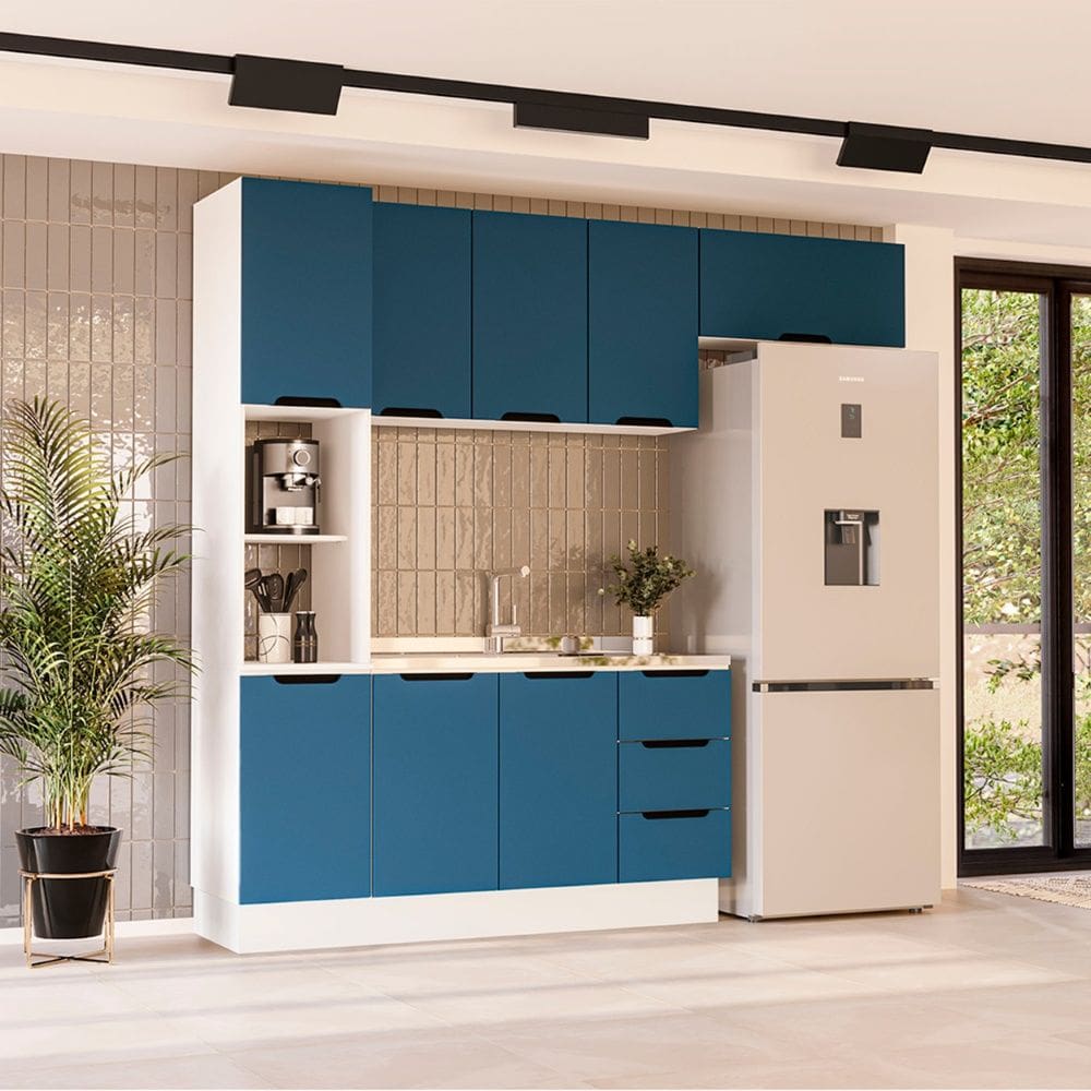 Cozinha Compacta 250060 4 Peças Meena Com Rodapé Branco Azul Politorno Móveis