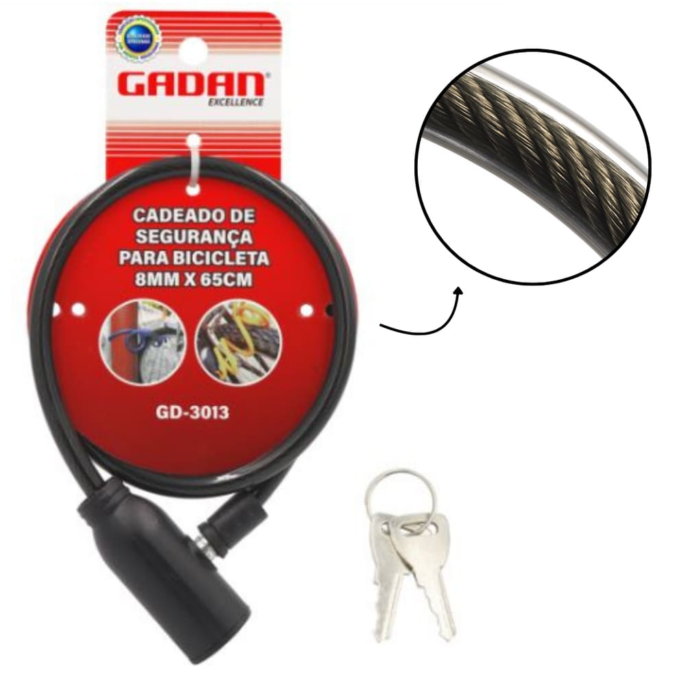 Trava com cadeado articulado para bicicleta  Bike Portão 2 chaves cabo de aço 8mm x 650mm