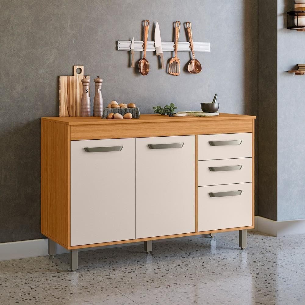 Balcão De Cozinha 3 Portas 2 Gavetas Freijó-off White Malta Poliman Móveis