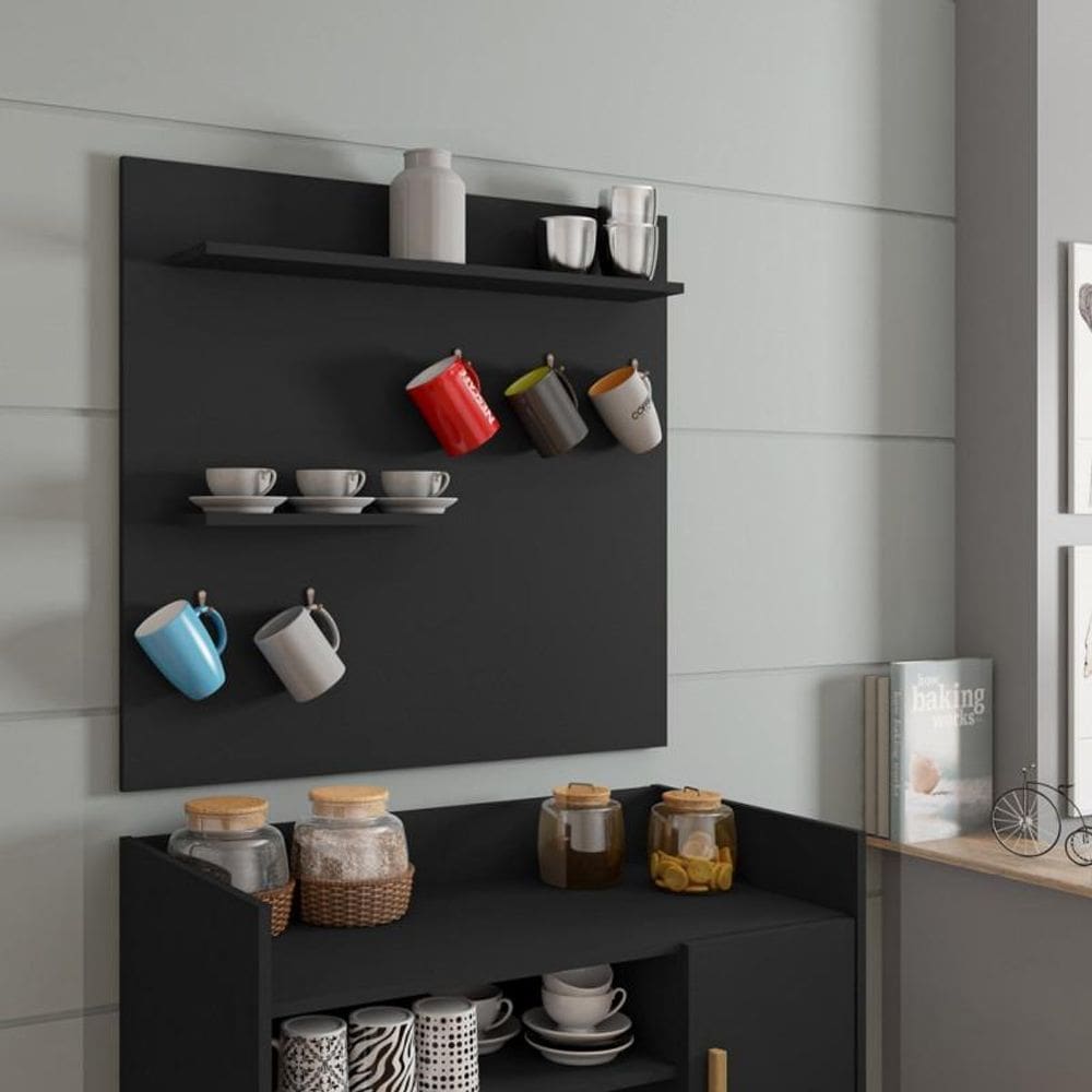 Painel Cantinho do Café c/ Prateleiras e Suporte para Xícaras e Canecas Preto