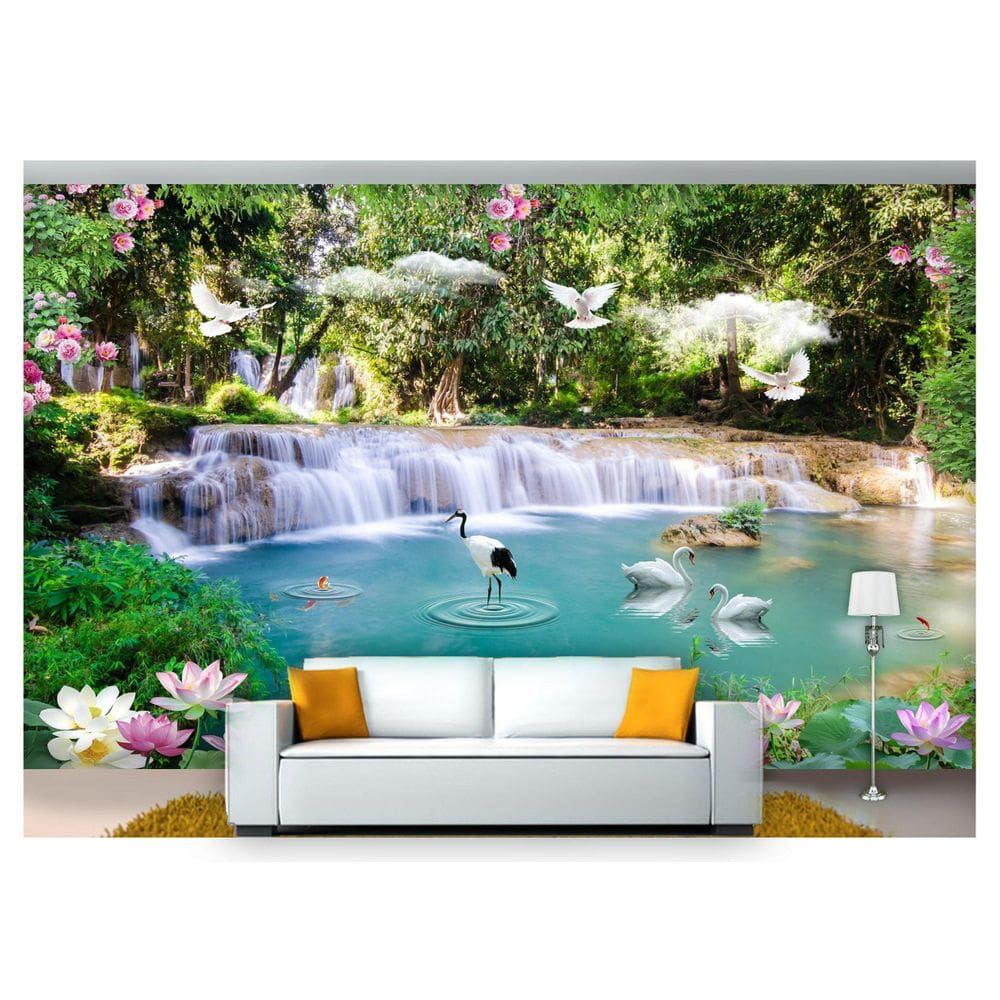 Papel De Parede Cachoeiras Animais Pássaros 3D Xch09 3M²