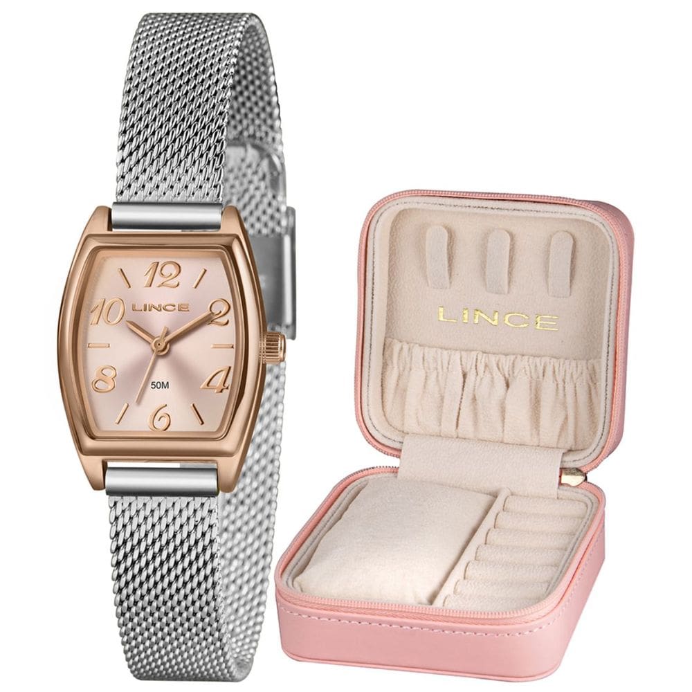 Kit Relógio Lince Feminino Quadrado Prata/Rose Lqth278l22 R2sx