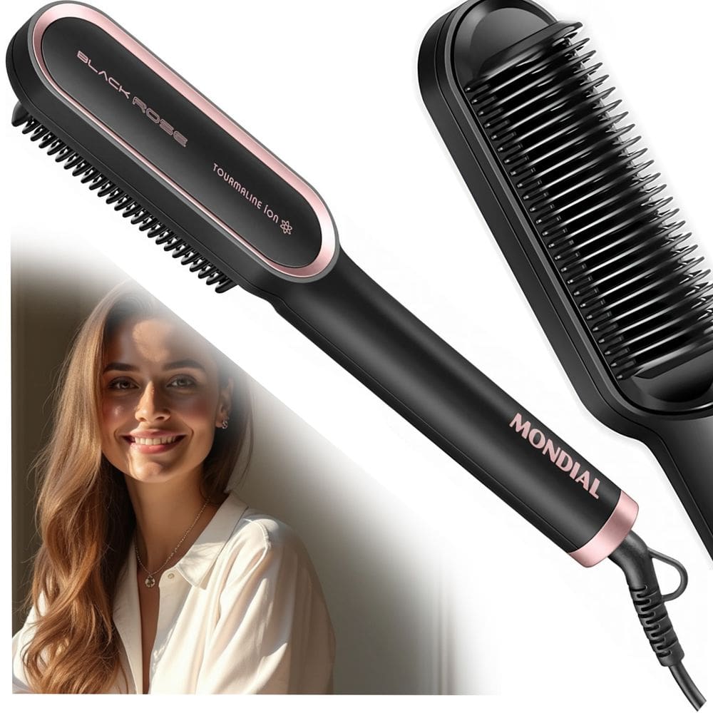 Escova Alisadora Mondial EA-07 Preto/Rose 36W Bivolt Alisamento Instantâneo Cerâmica Tourmaline Íon 230°C