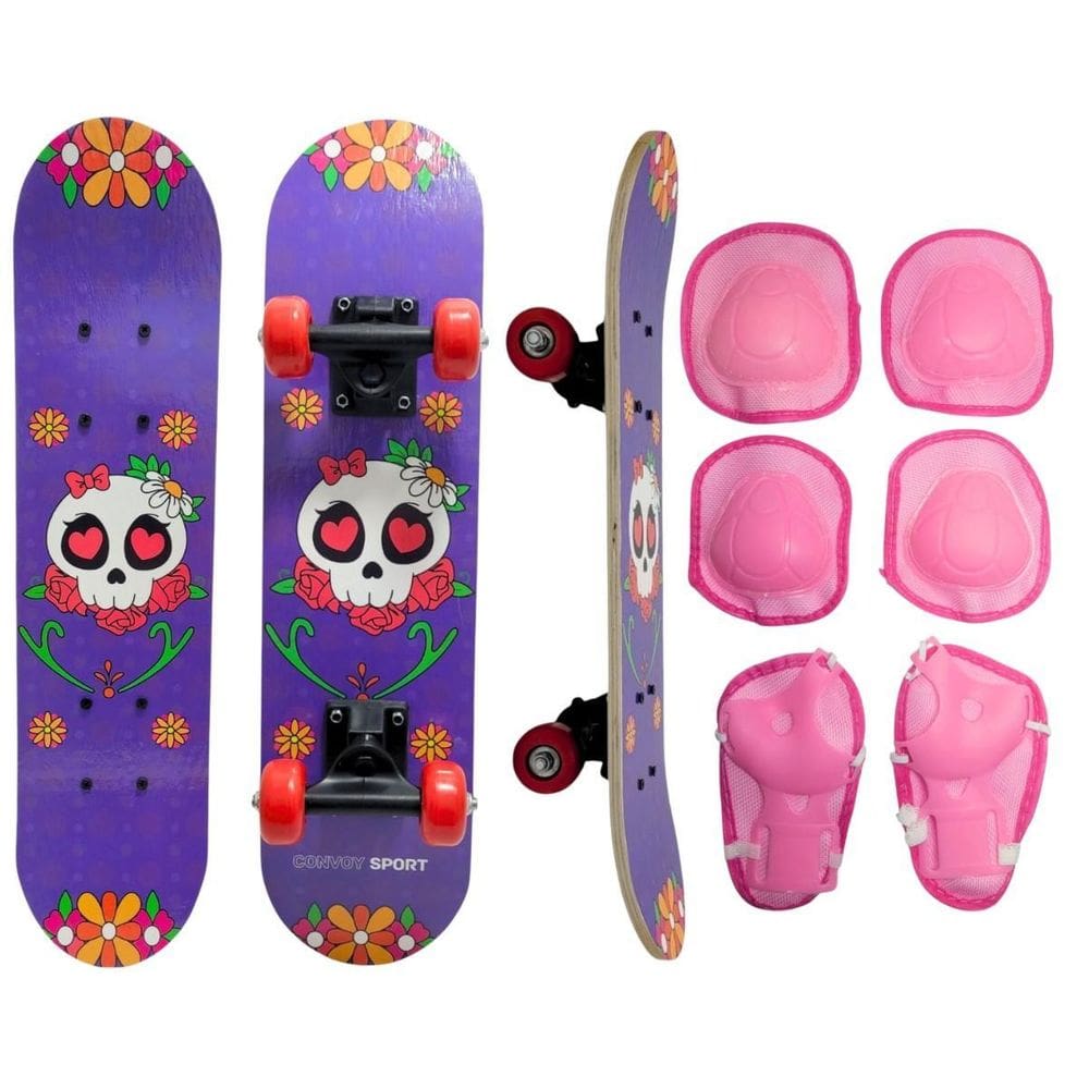 Skate Infantil Caveira 40 Kg + Acessórios De Segurança Rosa
