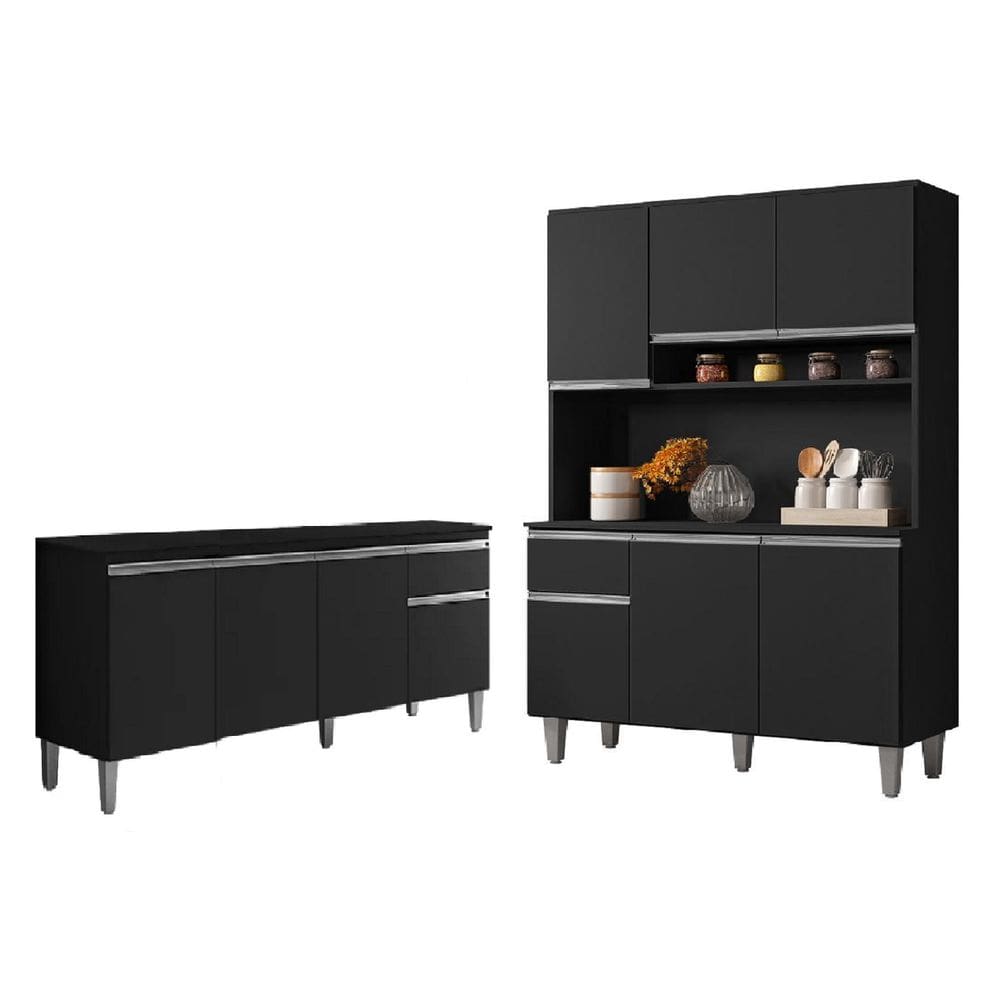 Cozinha Compacta Márcia com Balcão Gabinete Tati 150m para Pia Sem Tampo Preto - AJL