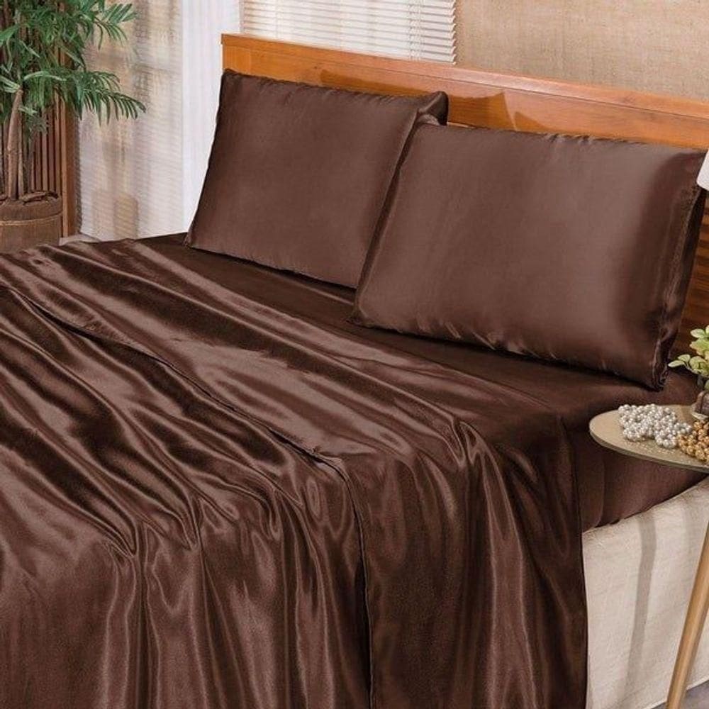 Jogo De Cama Lençol Cetim Casal Romantic 04 Peças - 100% Poliéster - Marrom