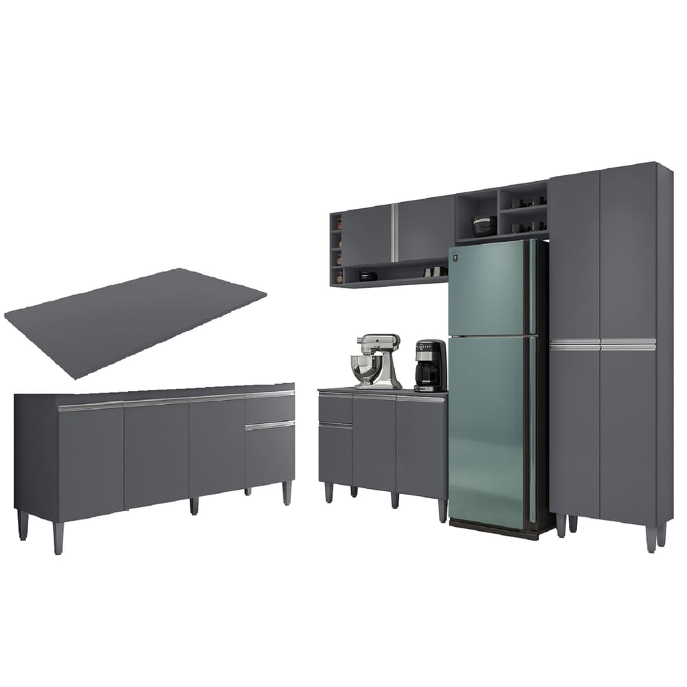 Armário de Cozinha Vanessa com Balcão Tati 150m com Tampo MDP Cinza - AJL