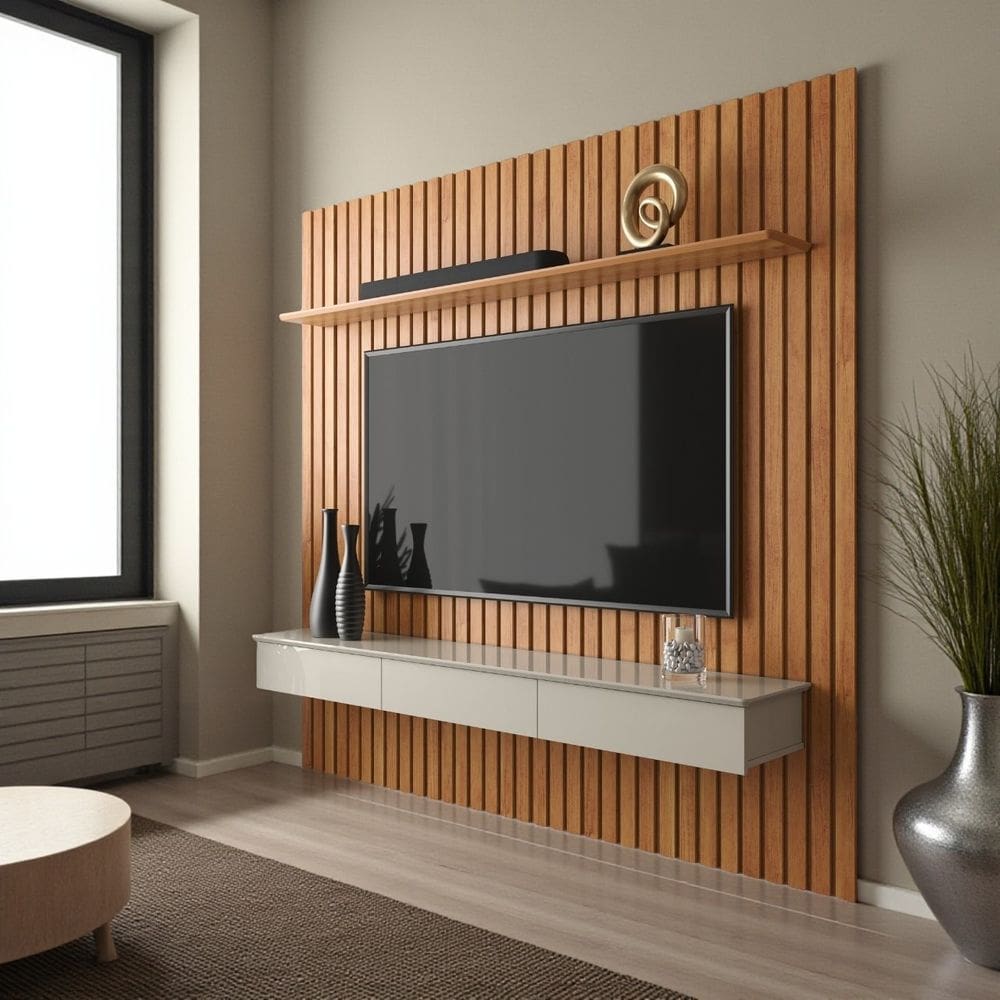 Painel Ripado para TV até 75 Polegadas Home Antares Suspenso com Nicho 3 Gavetas e Prateleira