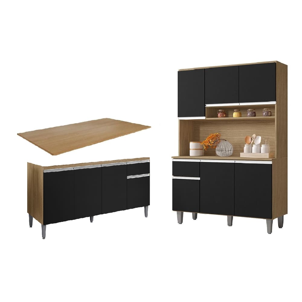 Cozinha Compacta Márcia com Balcão Tati 150m C/Tampo MDP Amêndoa/Preto - AJL