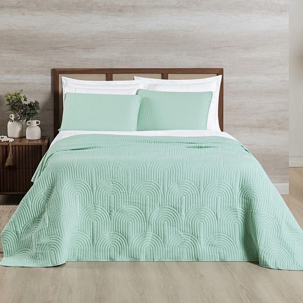 Cobre Leito Arcos 200 Fios Queen 03 Peças 100% Poliéster - Verde Suave