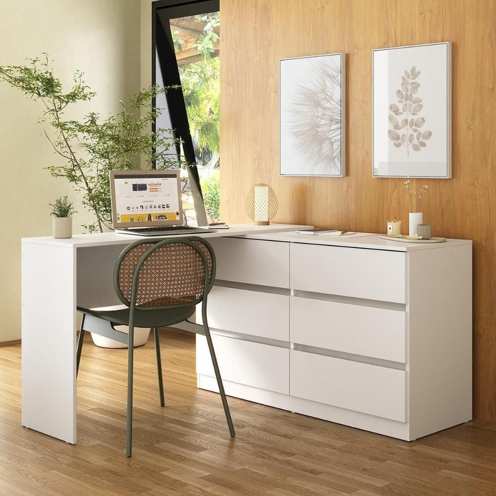 Escrivaninha Em L 120cm Com 6 Gavetas Multimóveis Mp6030 Branco