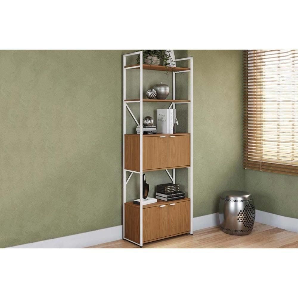 Estante Livreiro Solteiro Industrial Alta Li018 C- 4 Portas 72x200cm Canela-branco - Kappesberg