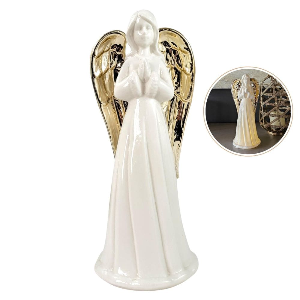 Anjo Decorativo Porcelana Branco Dourado 29Cm Decoração Led