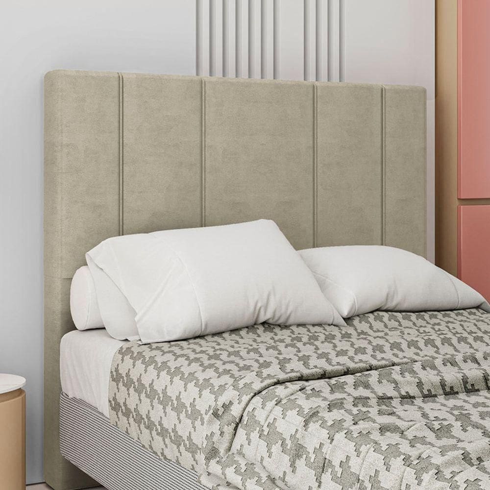 Cabeceira Estofada Queen 160 Cm Rubi Veludo Bege