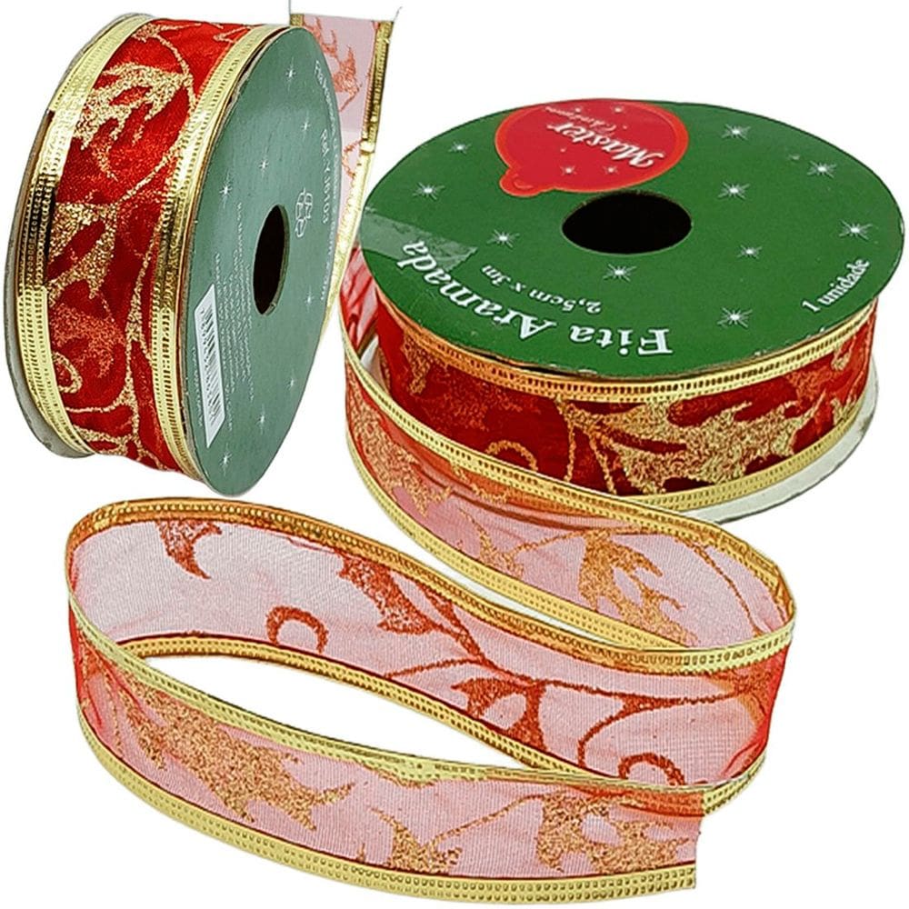 Rolos Fitas Aramada Ramos Natalino Gliter Kit 6pçs 2,5cm 3m