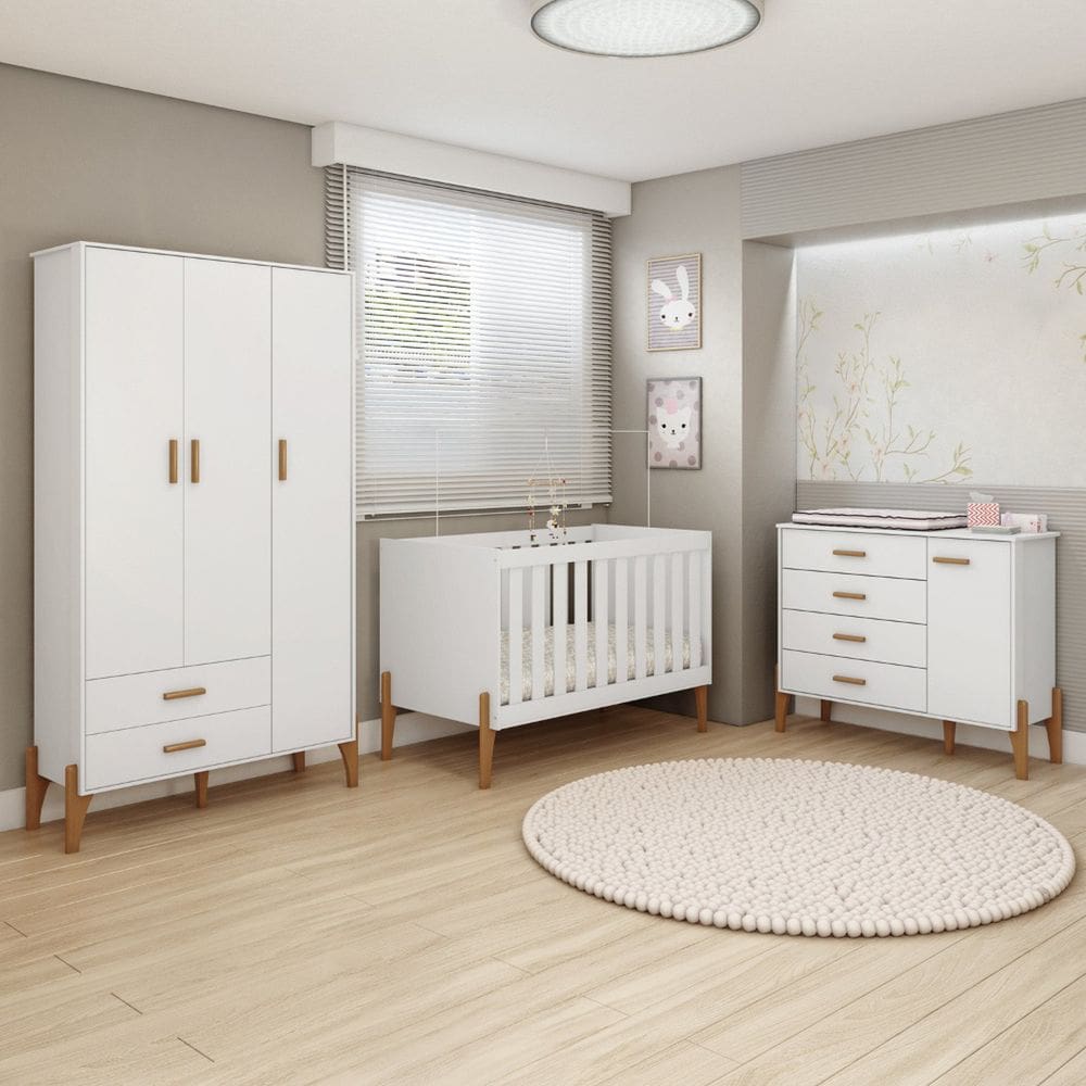 Quarto de Bebê Completo com Guarda-roupa Cômoda Berço Mini Cama 100% Mdf Retrô Atóxico Liris Branco