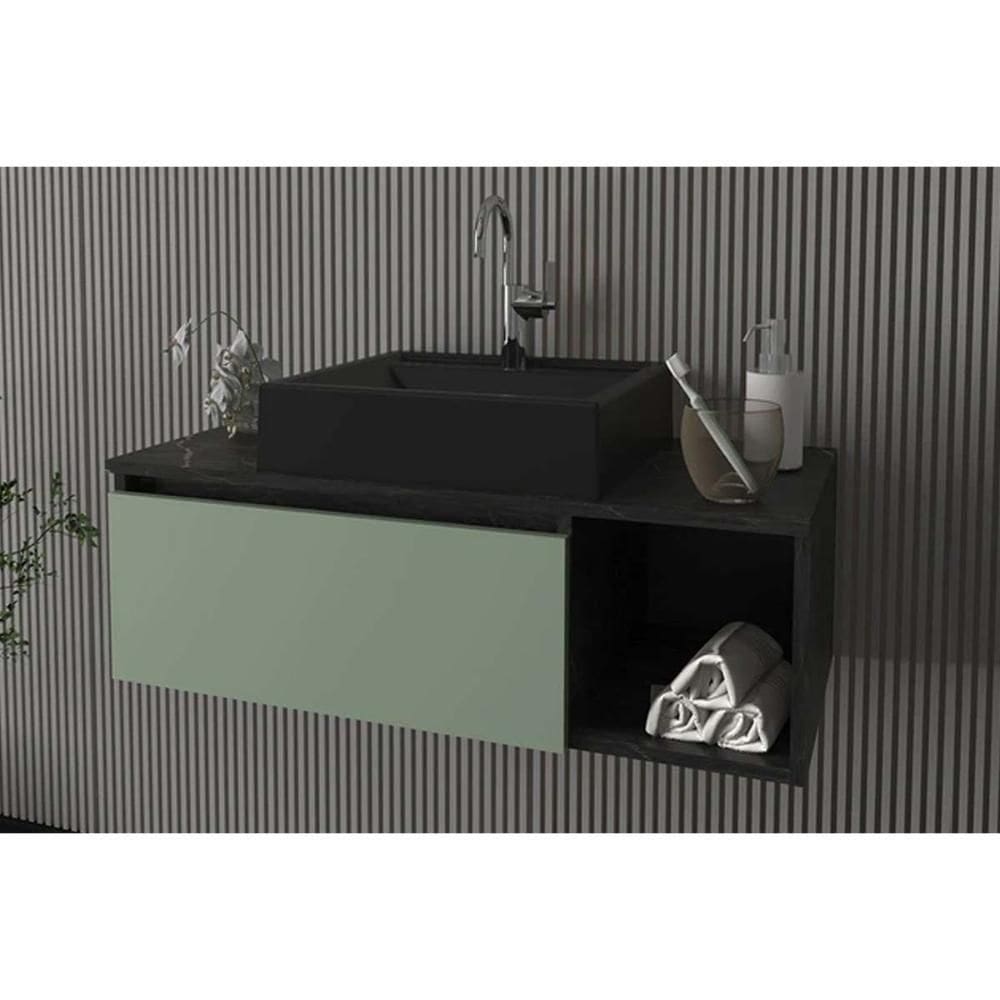 Bancada De Banheiro Suspenso Bn3601 S- Cuba C- 1 Porta 80cm Marmore Lunar-verde Mar - Tecno Mobili