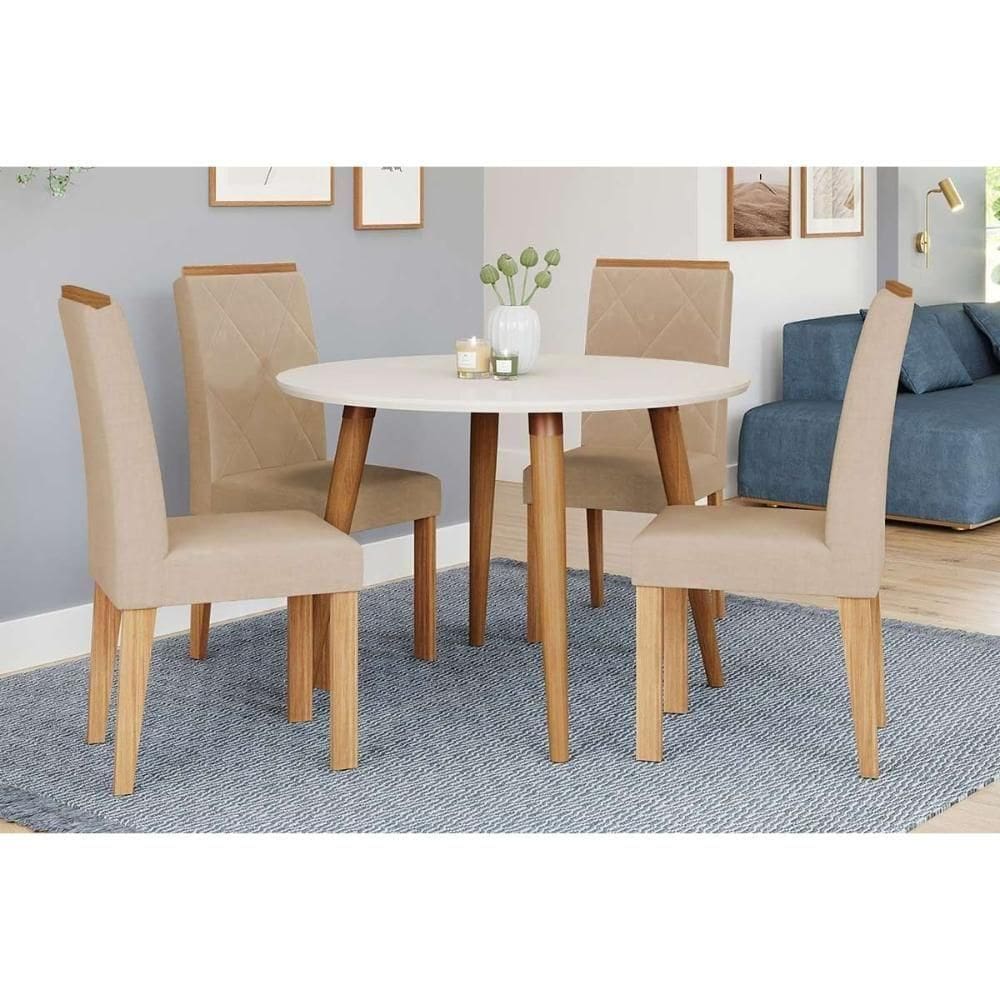 Conjunto: Mesa De Cozinha Dani Tampo Madeirado 110cm E 4 Cadeiras Fernanda Madeirado-off White - Nature-madeirado-suede N - Cimol