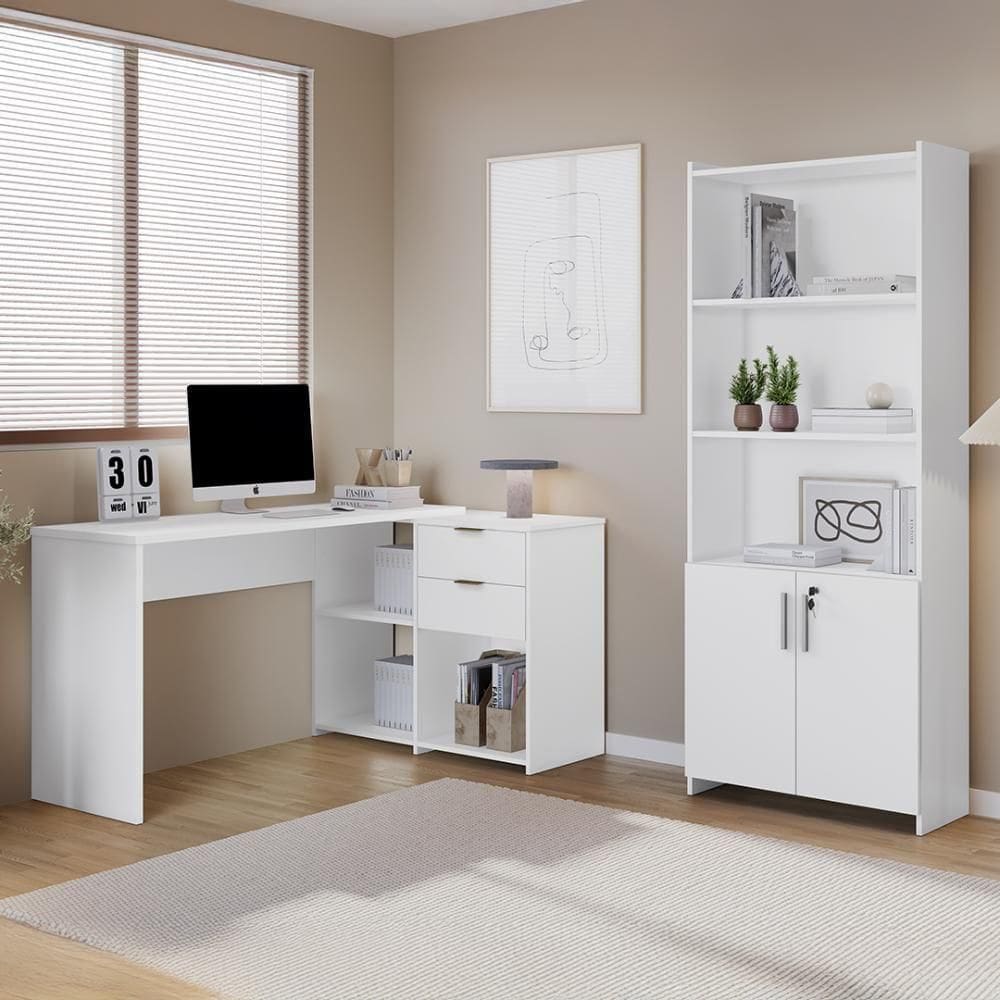 Conjunto Para Escritorio Com Mesa Em L Nt2060 E Armário Multiuso Branco Notável Móveis