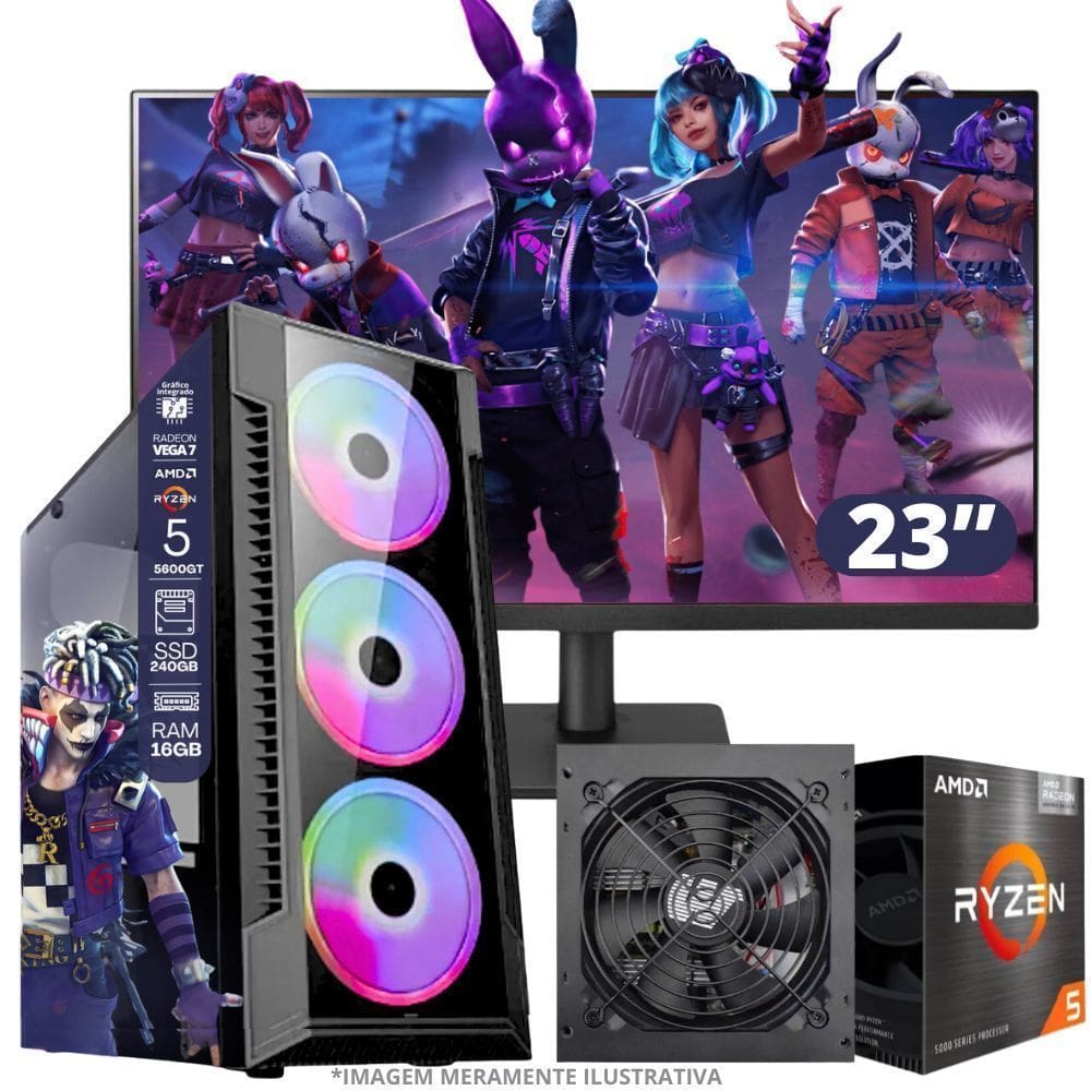 PC Gamer AMD Ryzen 5 5600GT 16GB RAM Placa de video Radeon Vega 7 SSD 240GB Fonte 550W + Monitor 23” LED 75hz