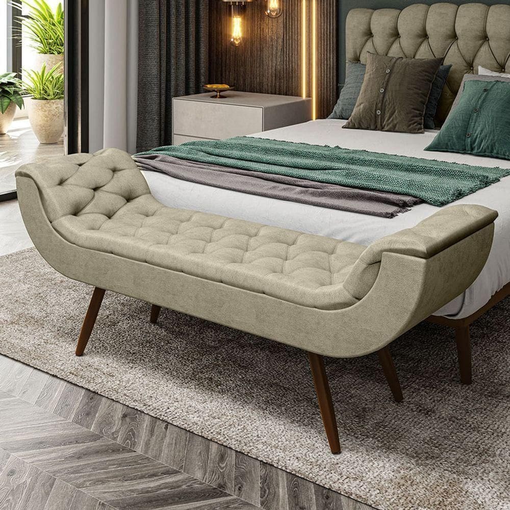 Recamier Puff Estofado Casal 140 Cm Drusa Veludo Bege