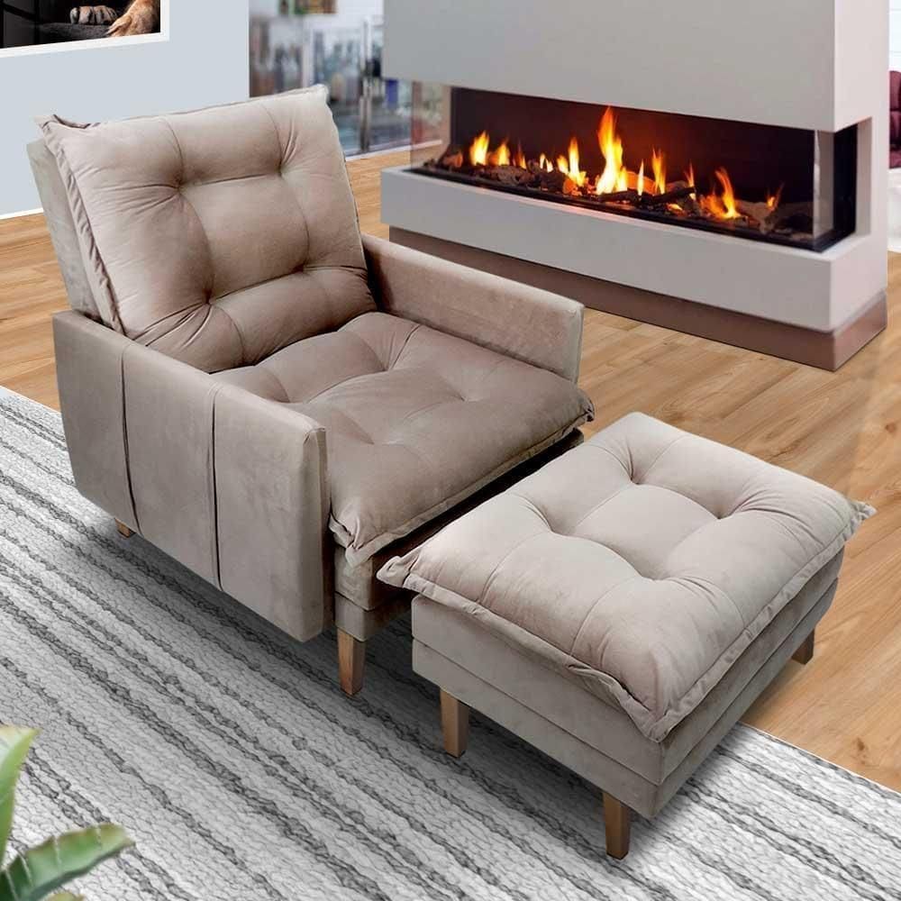 Poltrona Reclinável 3 Posições Pés Em Madeira Restida Veludo Bege