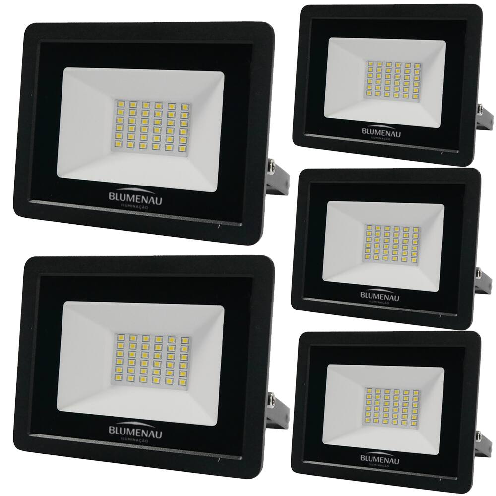 Kit 5 Refletor de Led Slim 30W Prova Dágua Preto Bivolt 3000K Quente