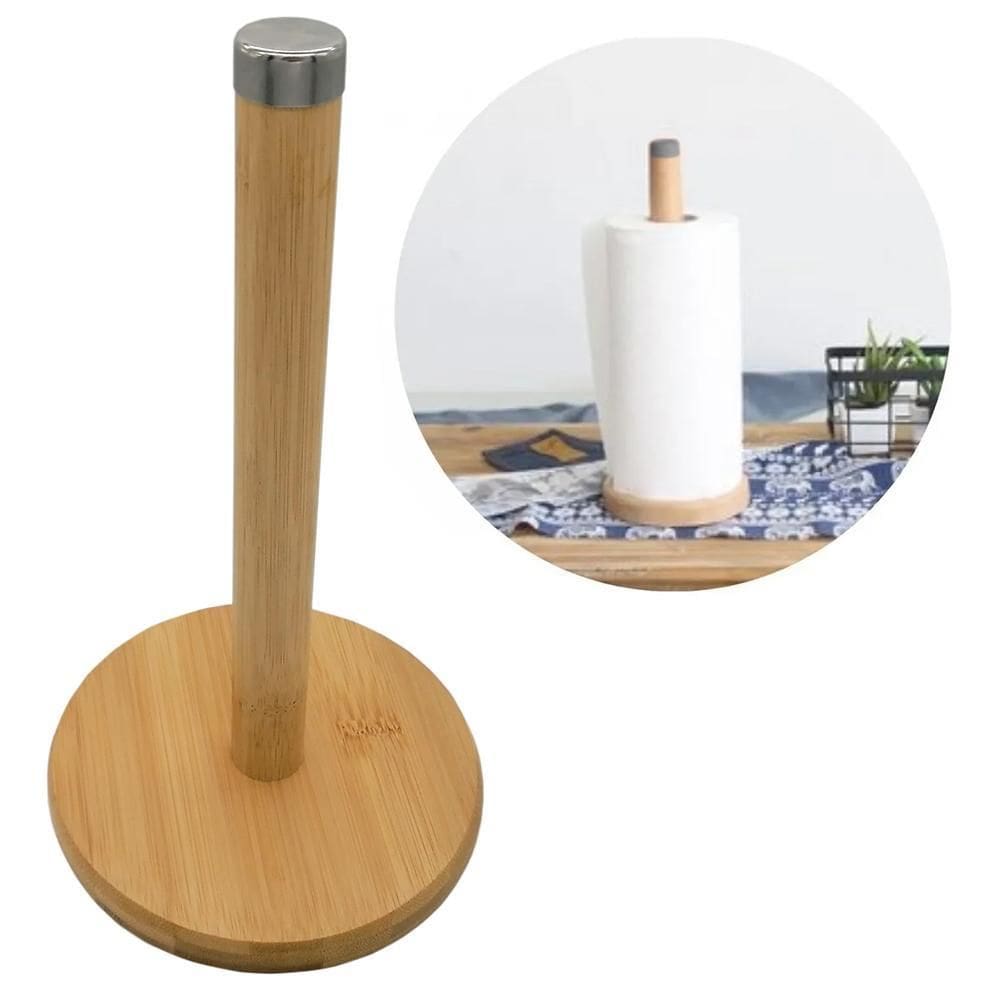 Suporte Porta Rolo Papel Toalha Bambu Vertical Bancada
