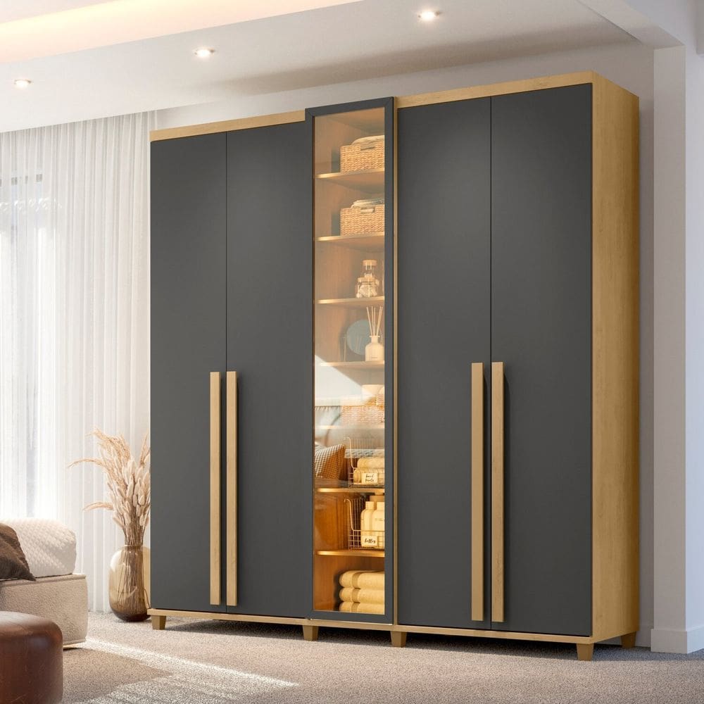 Guarda-roupa Casal com 6 Portas 3 Gavetas Led e Porta com Vidro Reflecta Austria Cinamomo/Grafite