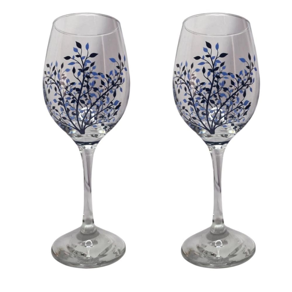 Kit 2 Taças De Vidro Grande 490Ml Vinho Água Flor Azul