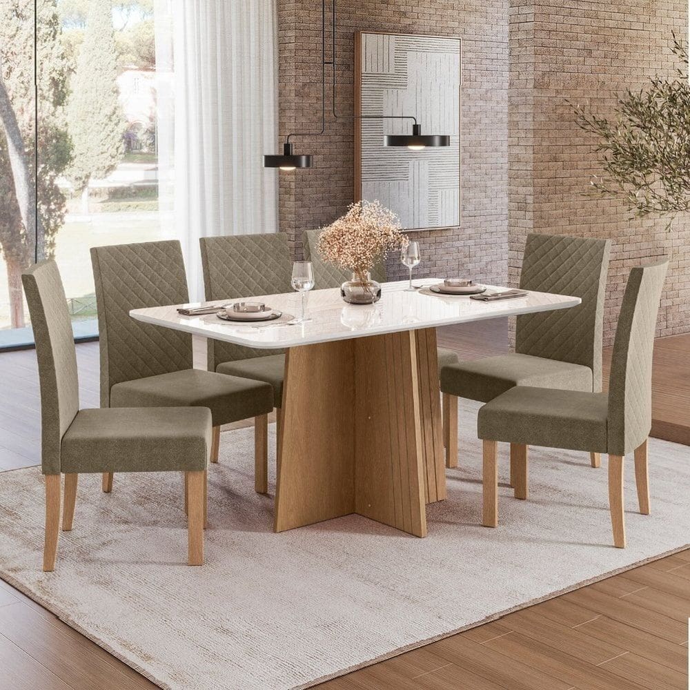 Sala Jantar Isa 160cm Vidro 6 Cadeiras Elegance Mel/Caramelo