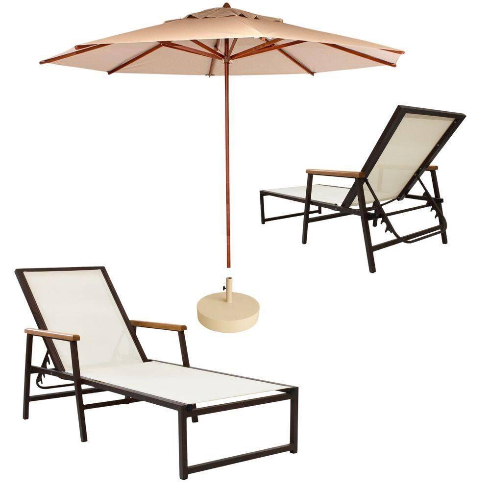 2 Espreguiçadeiras Alumínio + Ombrelone Piscina Praia Lazer Bege Claro