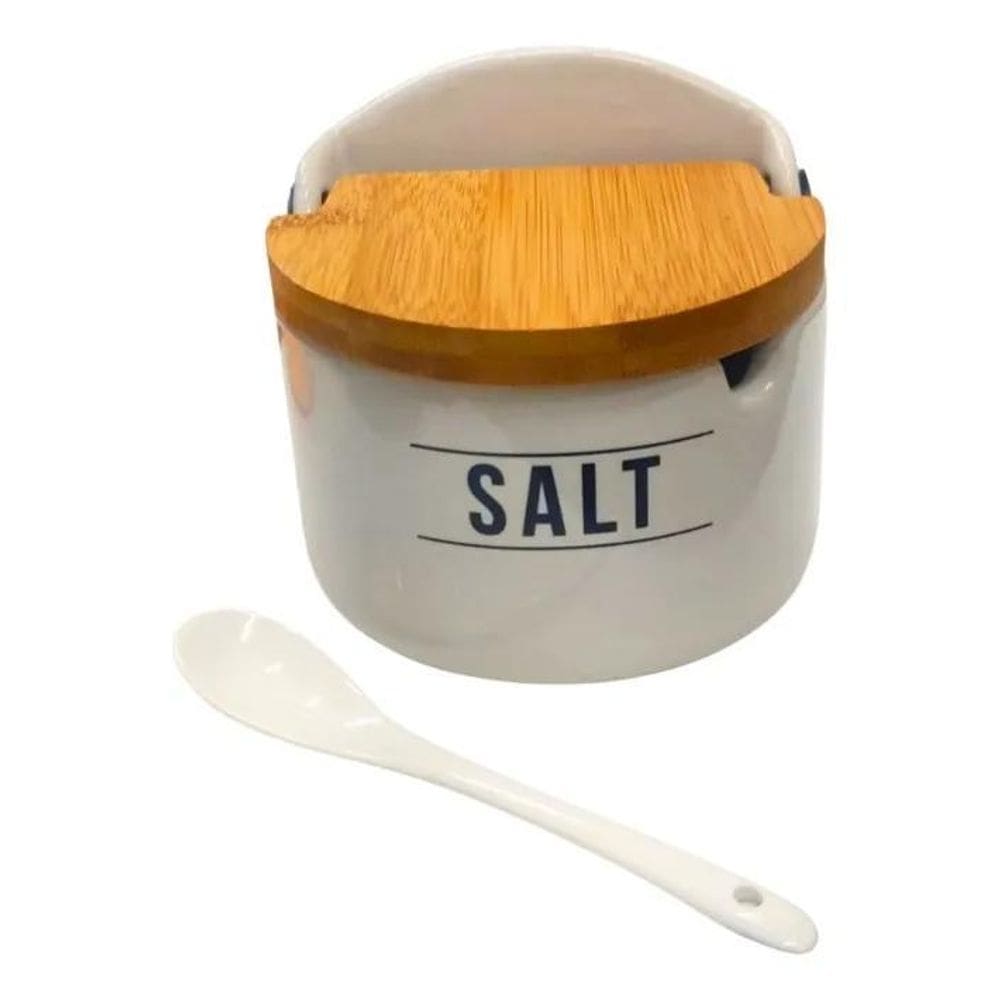 2X Saleiro Porcelana Branco Com Colher Tampa De Bambu Manhat