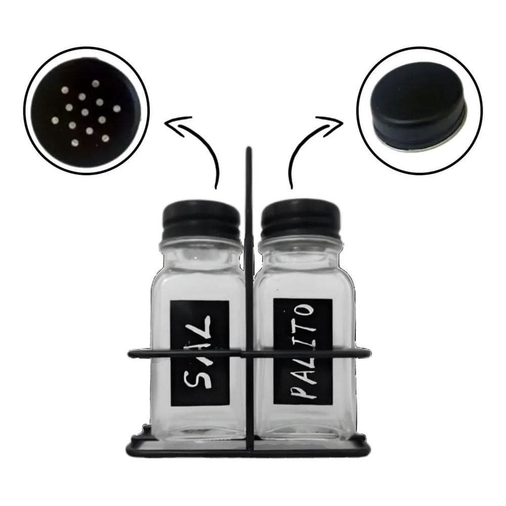 2X Porta Sal Saleiro E Porta Palito Paliteiro Vidro Metal E