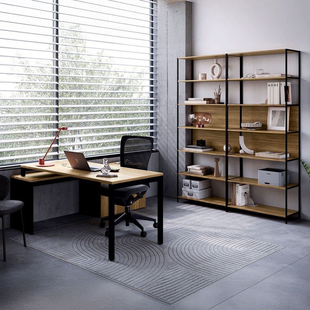 Mesa Escrivaninha em L com Balcão Lateral Gavetas Porta e 2 Estantes Escritório Industrial Executive Nogal /Preto