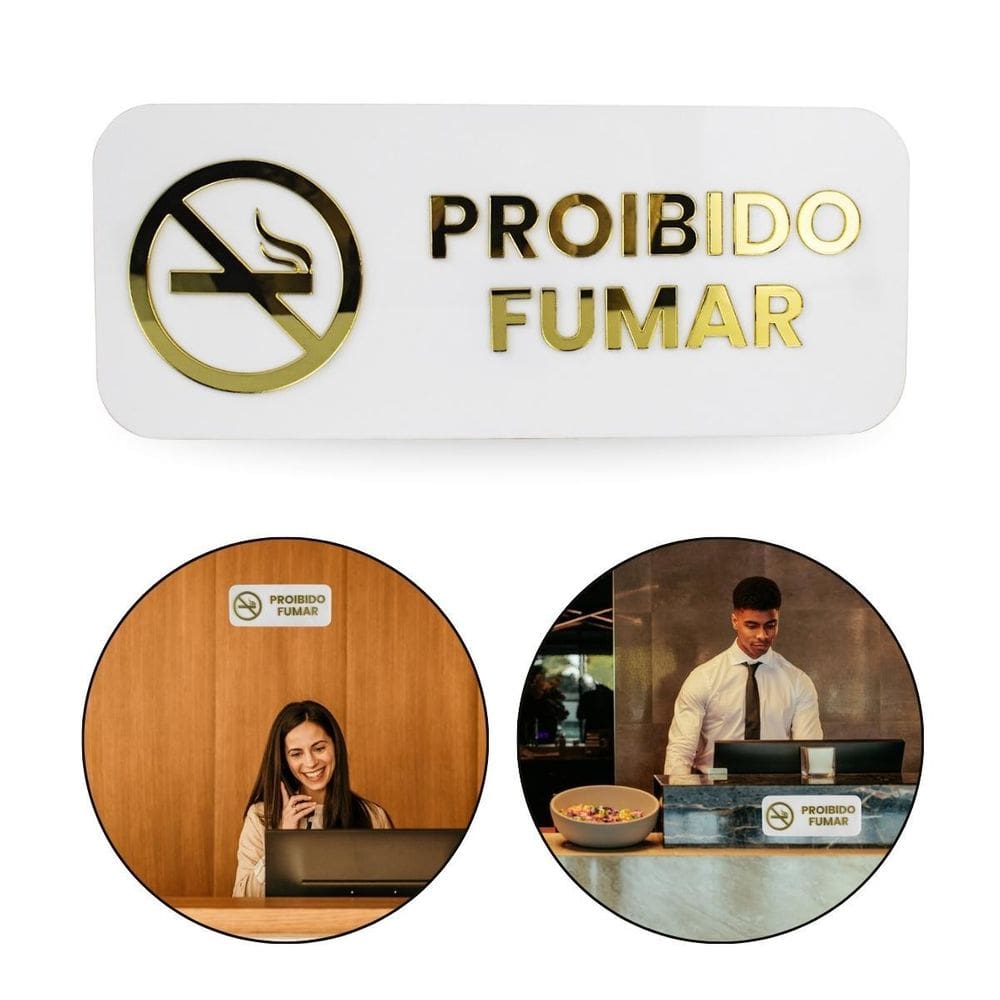 Placa Espelhada Acrílico Proibido Fumar Branco E Dourado
