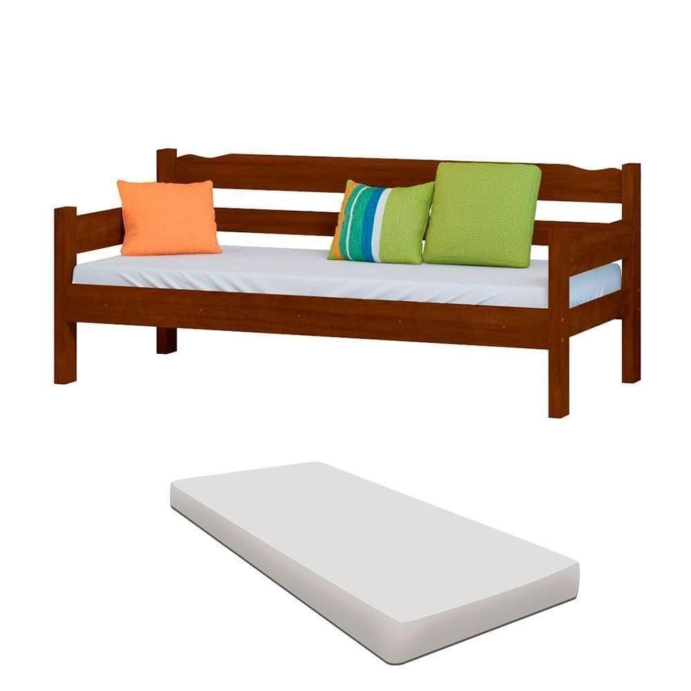 Sofá Cama 3 Lugares Madeira Maciça Com Colchão Solteiro