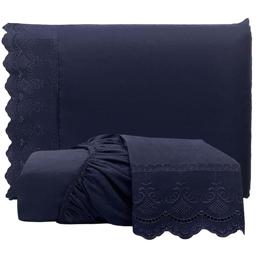 Jogo De Lençol Realce Casal 3 Peças Percal 300 Fios Bordado Inglês Macio - Azul Marinho - 100% Poliéster