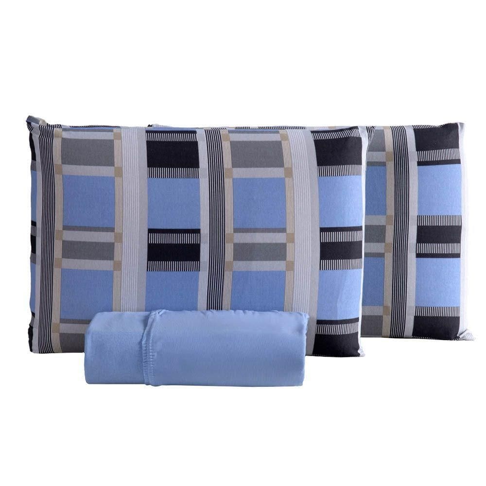 Jogo De Lençol Luar Casal 3 Peças Malha 100% Algodão Estampado - Xadrez Azul