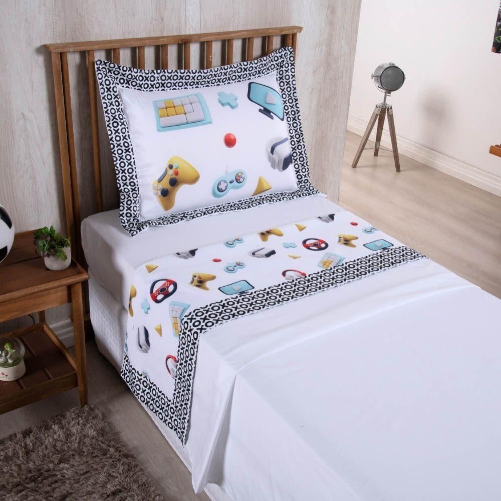 Jogo De Lençol Juvenil Boy 3 Peças Micropercal 300 Fios Estampado - Games - 100% Poliéster