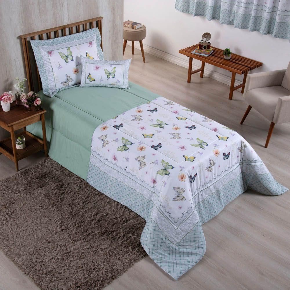 Kit Edredom Juvenil Solteiro 04 Peças Estampado 300 Fios - Borboleta - 100% Poliéster