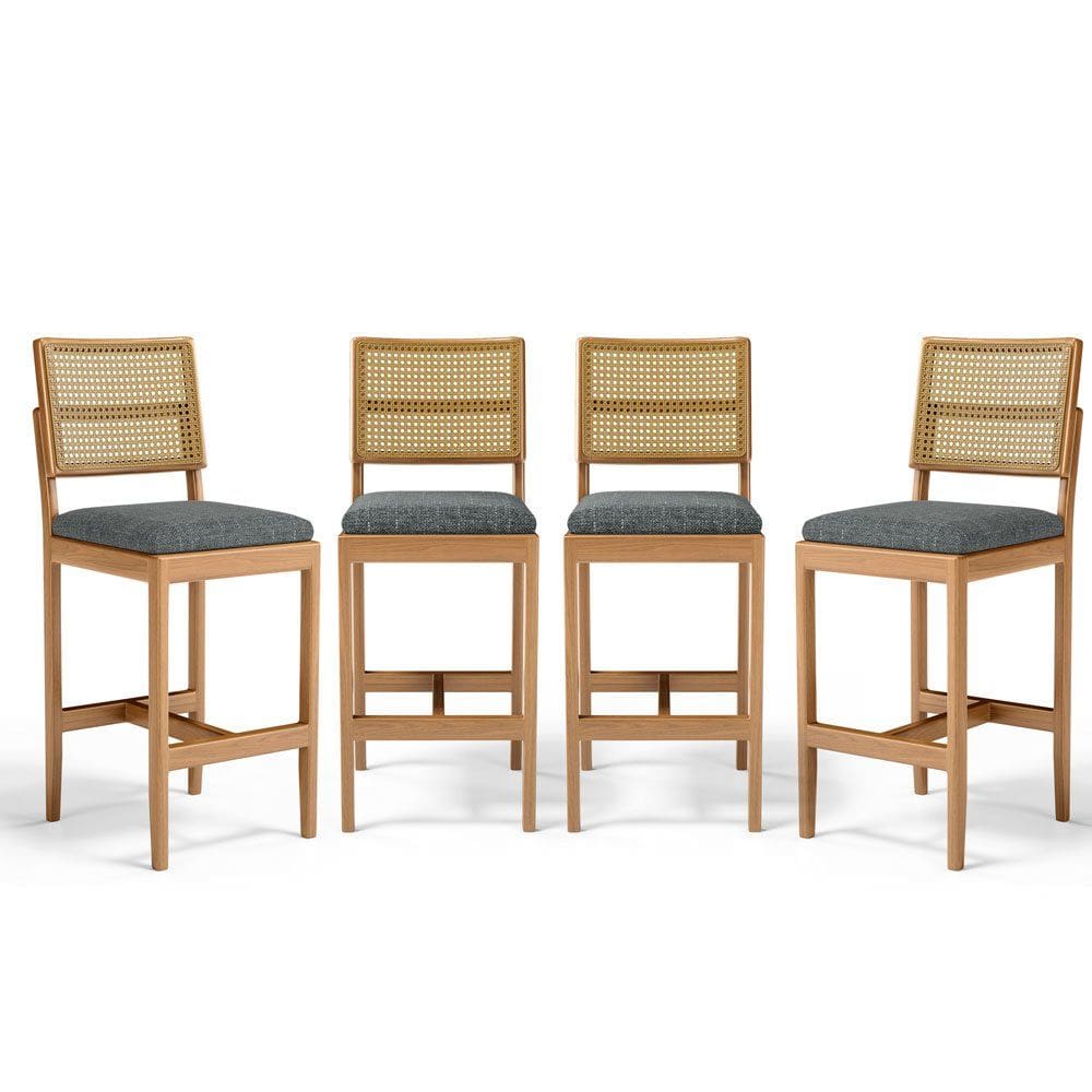 Kit Com 4 Banqueta Milena Madeira Maciça Assento Estofado Encosto De Tela Palha Sextavada