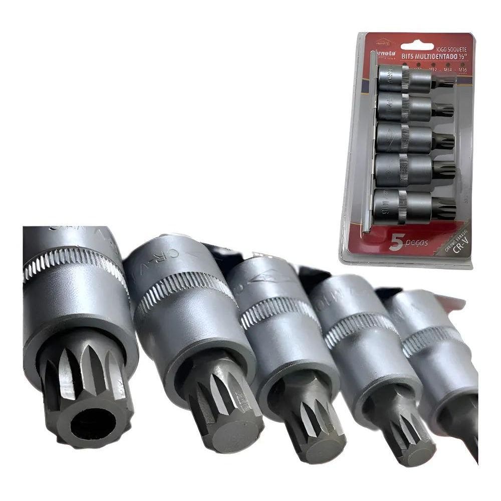 Jogo Soquete Bits Multidentado 1/2Pol Com 5 Peças Corneta