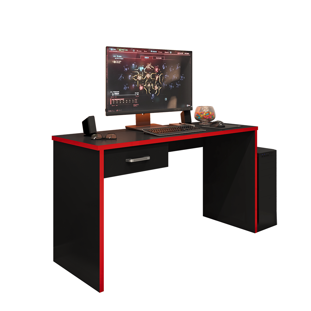 Mesa Gamer/Escrivaninha com 1 Gaveta 127m - Preto/Vermelho Móveis Leão