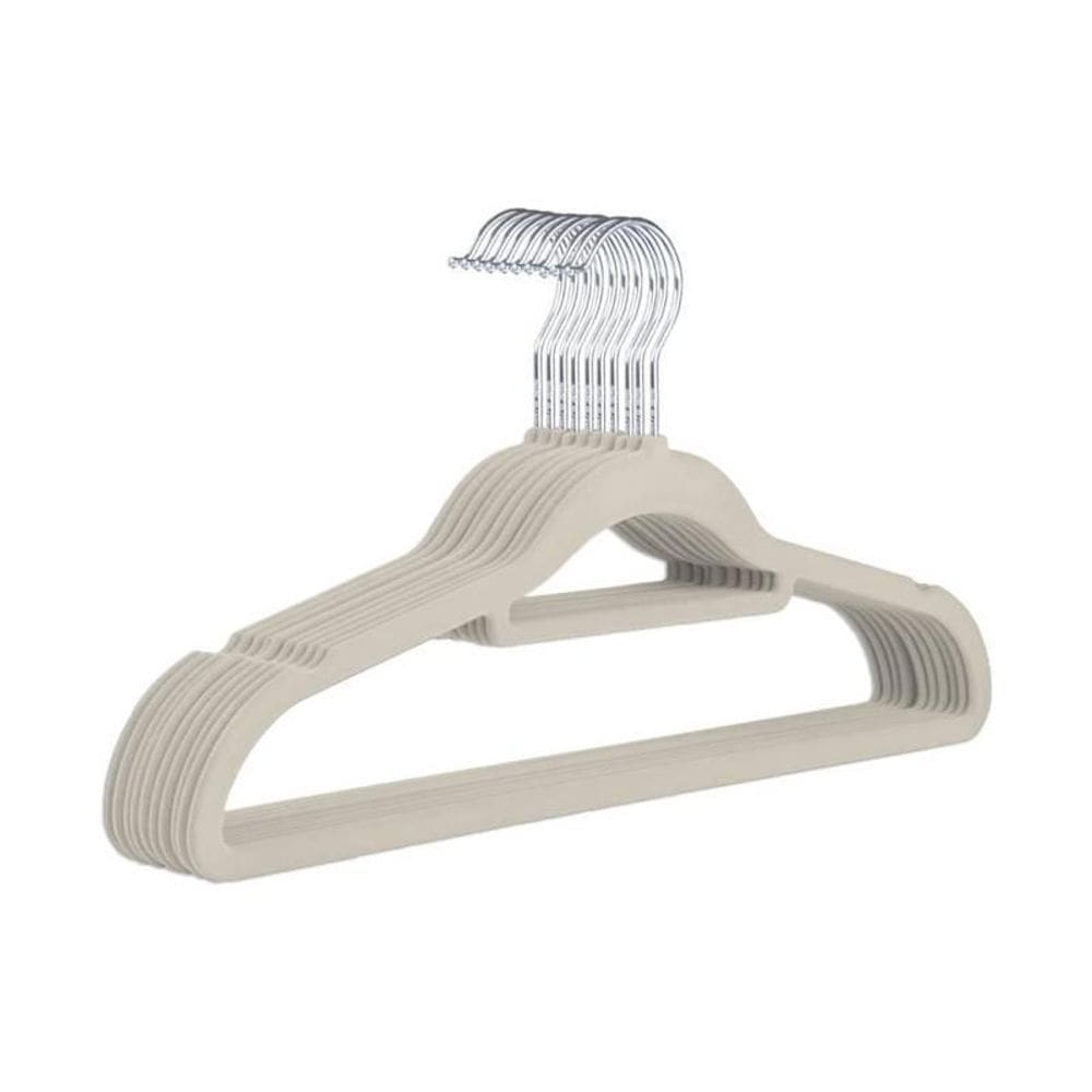 Kit Com 10 Cabides Slim Veludo Flocado Bege Gancho De Metal