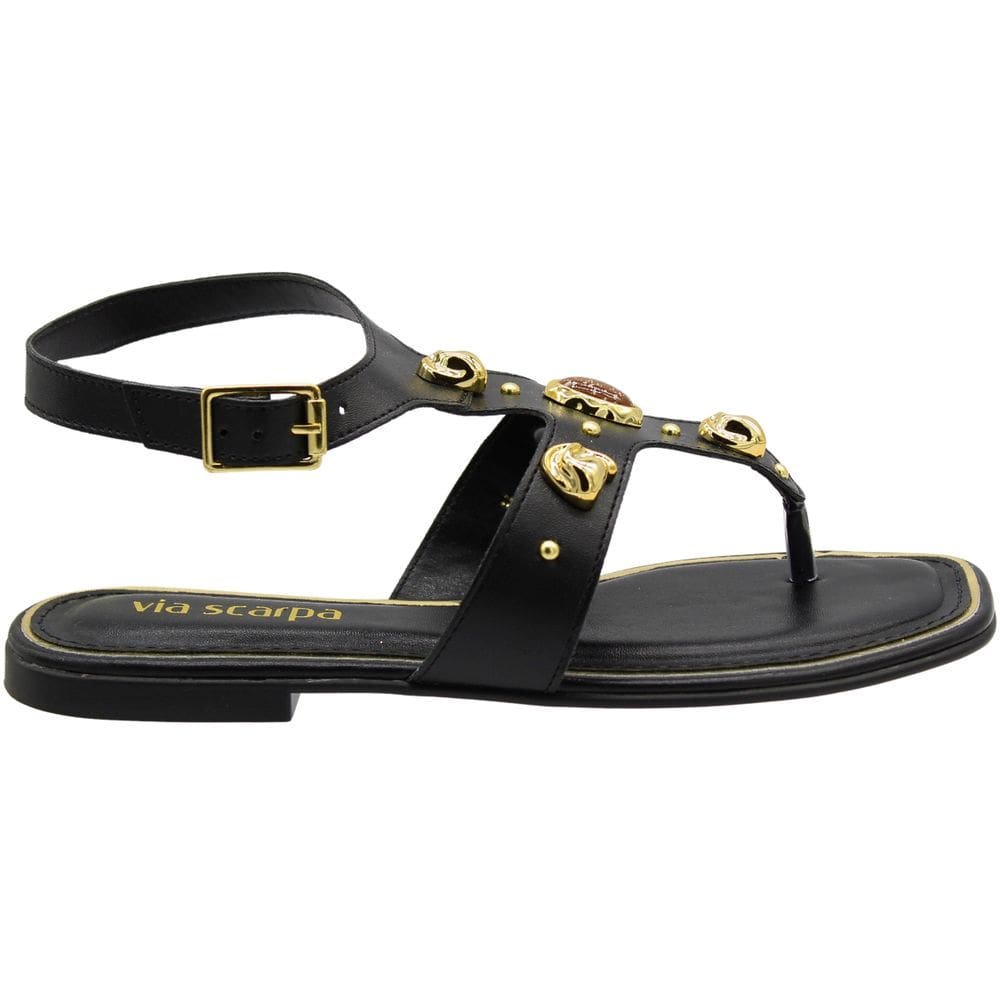 Sandália Rasteira Via Scarpa Apliques Metálicos Feminina